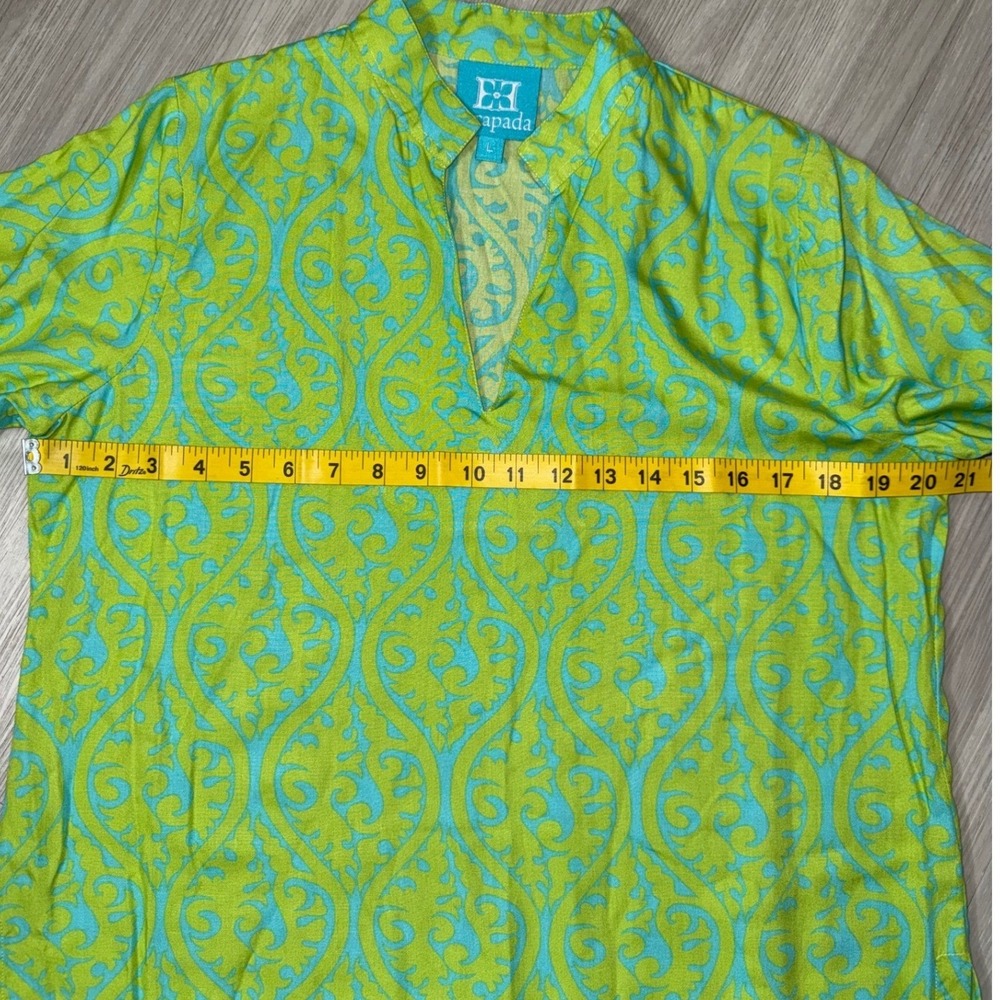 Escapada Womens Tunic Top L Lime Green Turquoise Blue Damask 3/4 Sleeve V-Neck - Picture 9 of 11